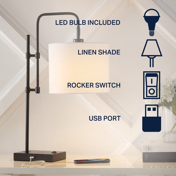 Edris 24.75" Industrial Designer Metal LED Task Lamp with USB Charging Port - JONATHAN Y